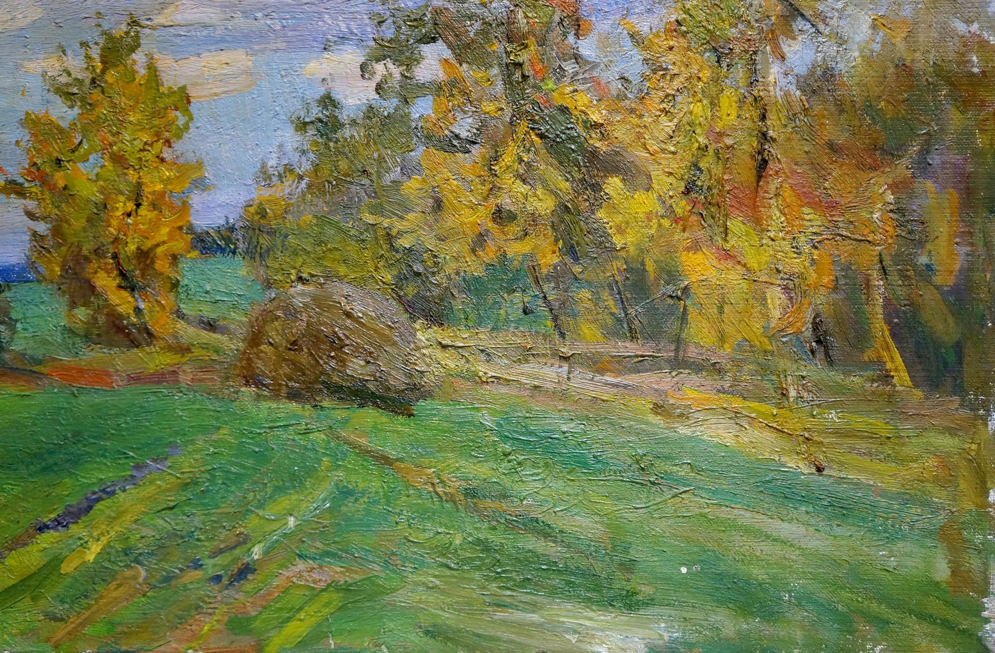 Oil painting Cloudy autumn day by V. Gavrilov, vibrant textured autumn landscape