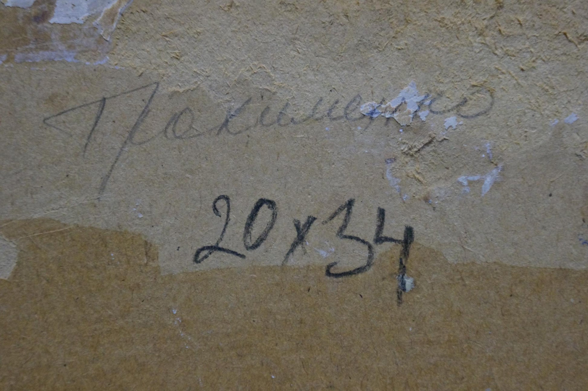 Back of Trohimenko Karp Demyanovich forest oil painting with handwritten signature and dimensions on beige canvas
