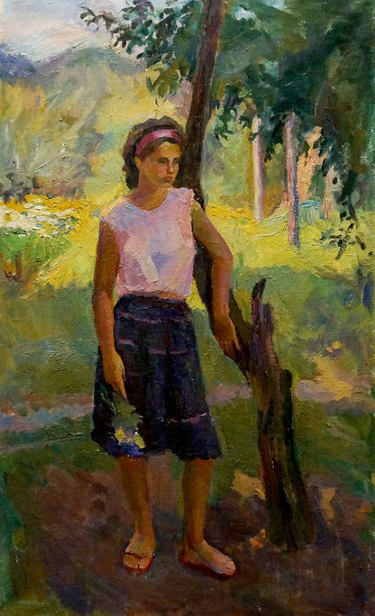 Oil painting portrait of barefoot girl in pink top by Titarenko Daria Anatolyevna