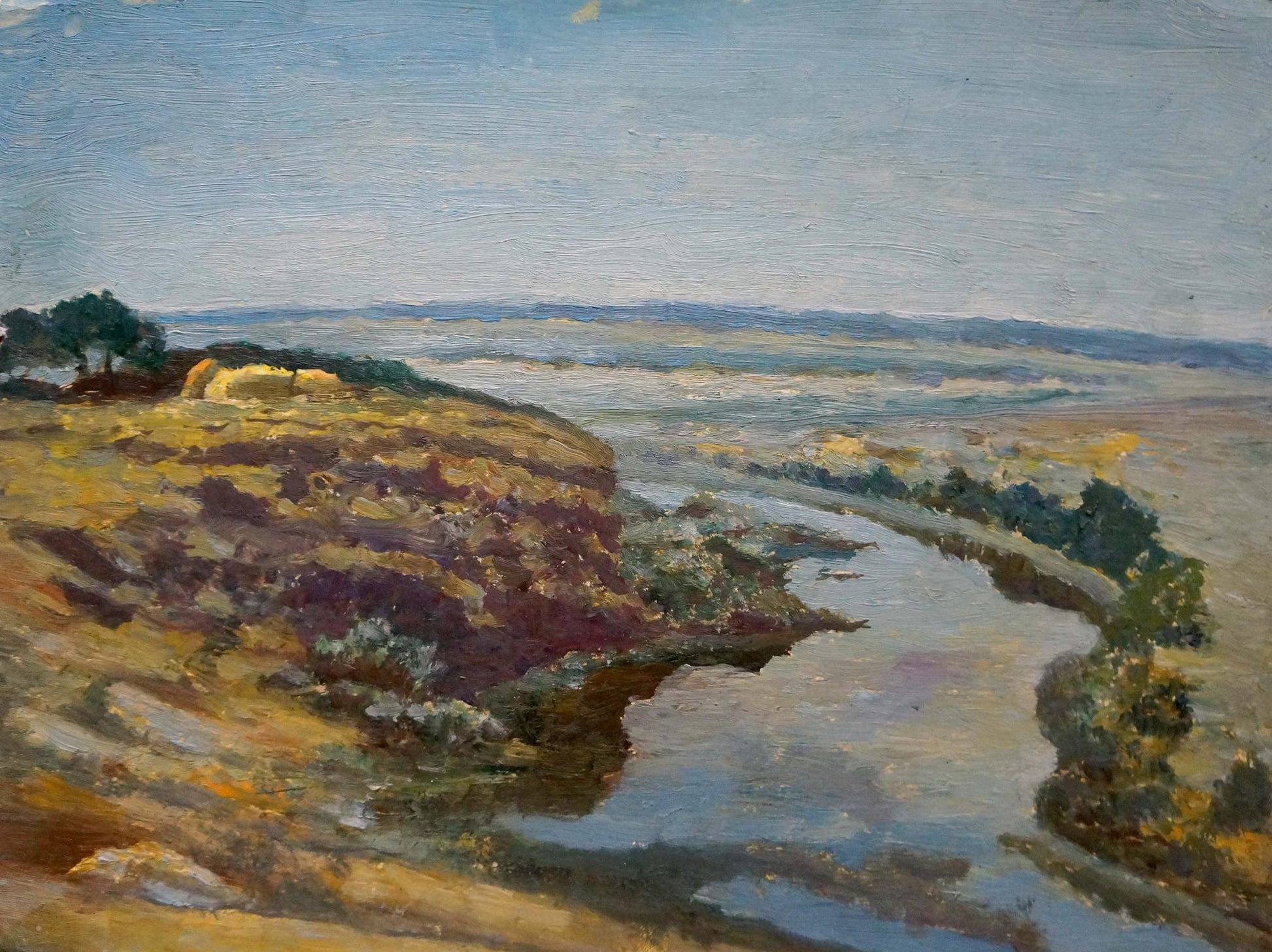 Oil painting of river along cliff by Smychek Igor Vladimirovich