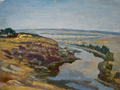 Oil painting of river along cliff by Smychek Igor Vladimirovich