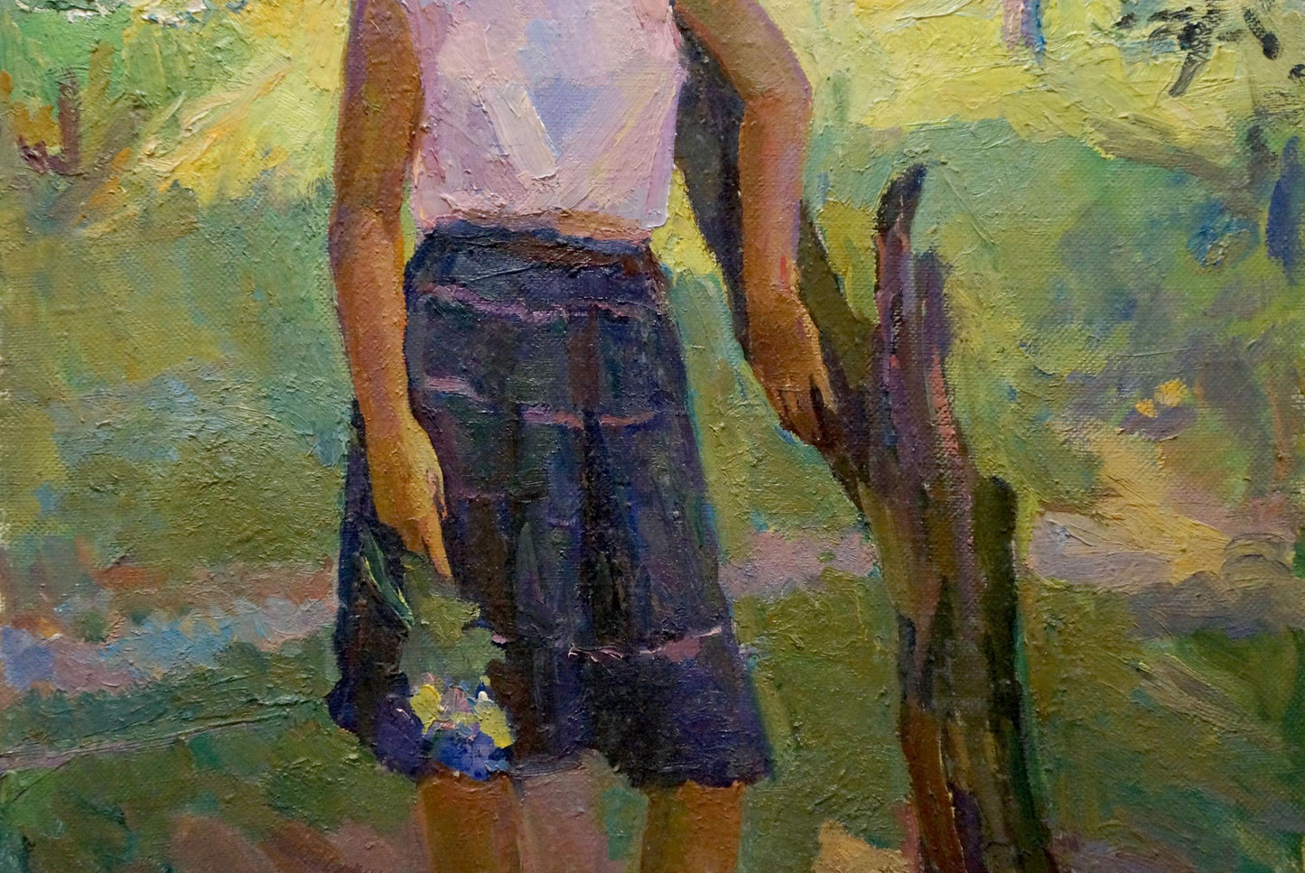 Oil painting portrait of Titarenko Daria Anatolyevna in white top and striped skirt