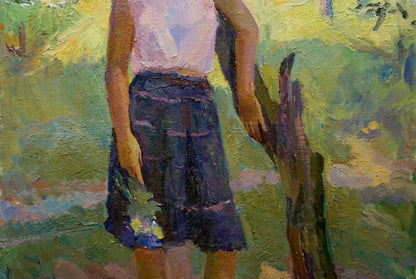 Oil painting portrait of Titarenko Daria Anatolyevna in white top and striped skirt