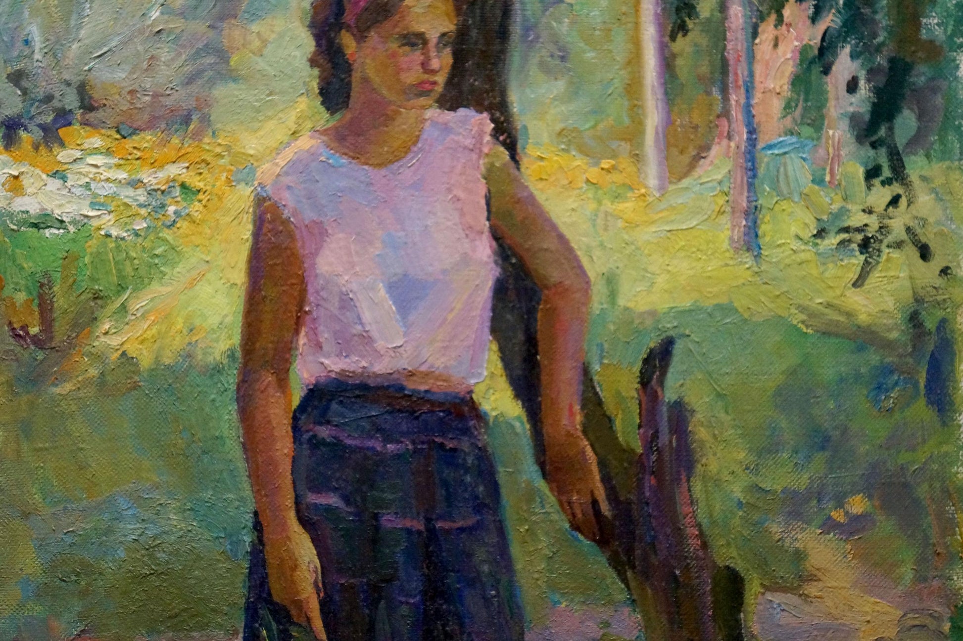 Oil painting portrait of Titarenko Daria Anatolyevna in pink top and blue skirt by tree