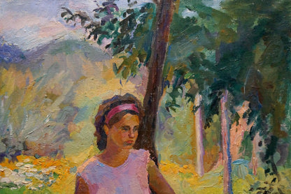 Oil painting portrait of young girl with dark hair in pink headband by Titarenko Daria Anatolyevna