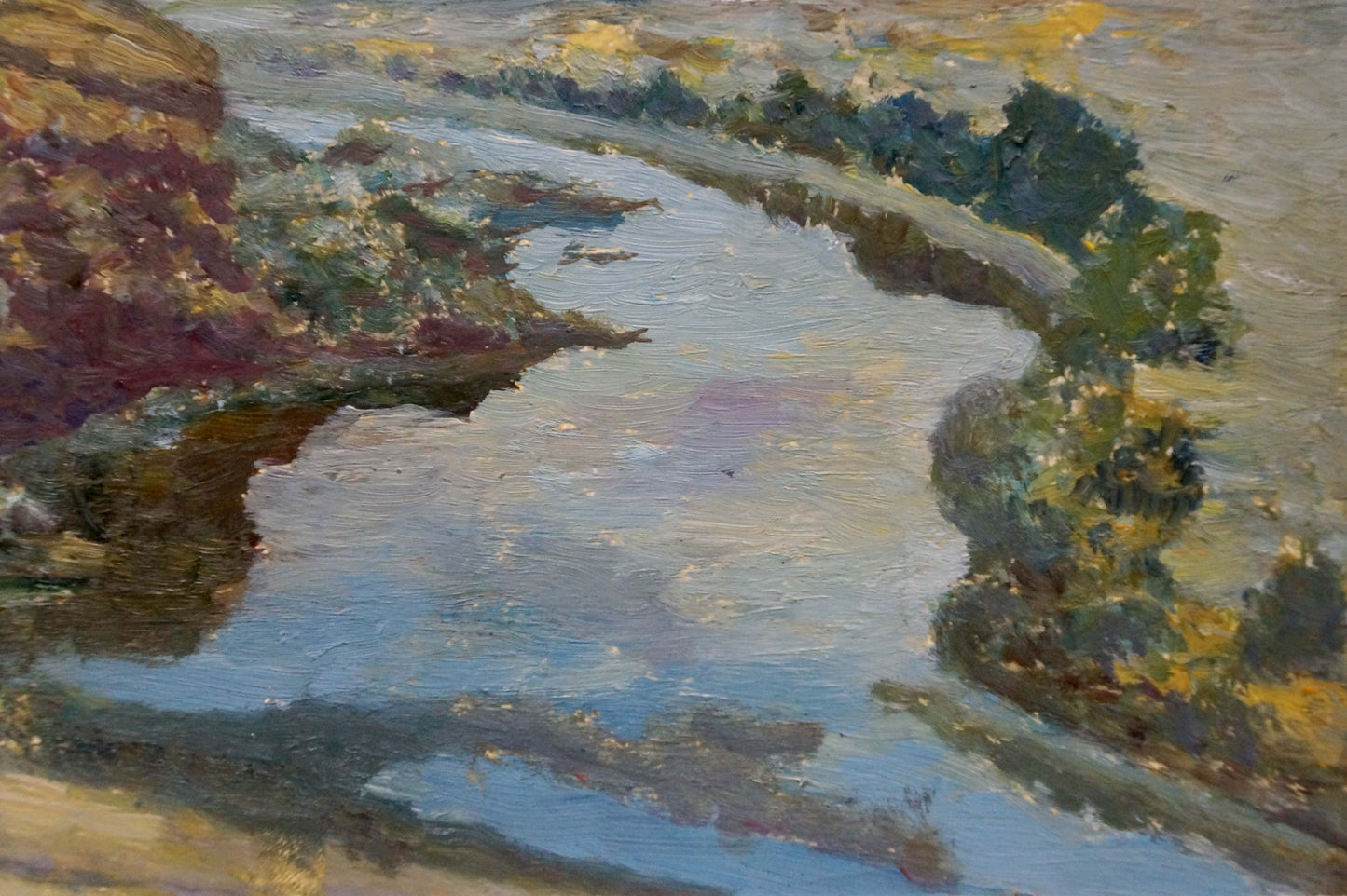 Serene impressionistic oil painting of river along cliff by Smychek Igor Vladimirovich