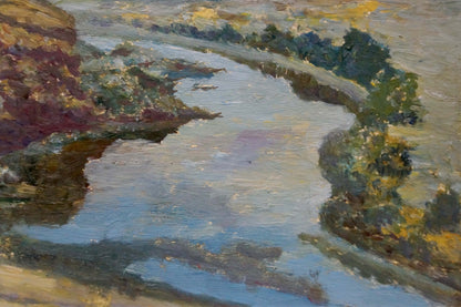 Serene impressionistic oil painting of river along cliff by Smychek Igor Vladimirovich