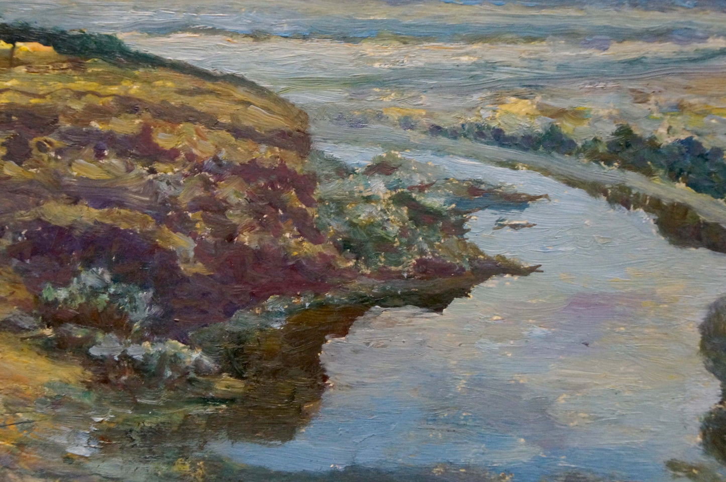 Textured impressionistic oil painting of river along cliff by Smychek Igor Vladimirovich