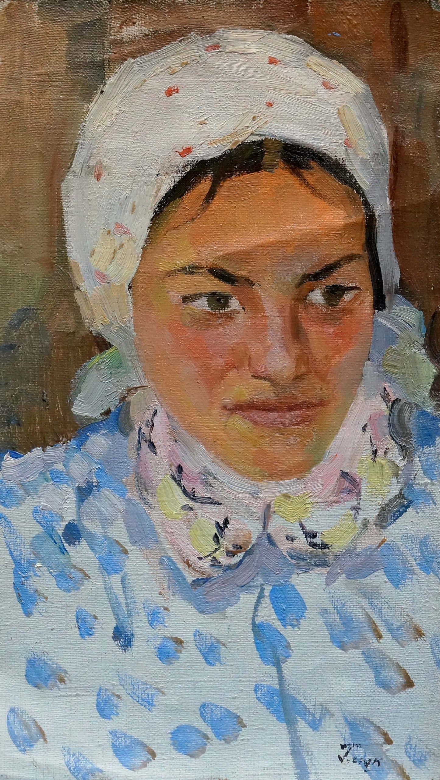 Oil painting portrait of girl by Glyuk Gavriil Martynovich in white headscarf