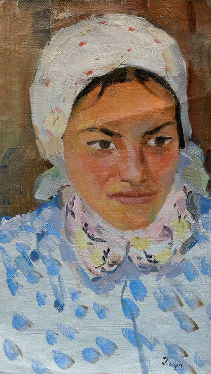 Oil painting portrait of girl by Glyuk Gavriil Martynovich in white headscarf