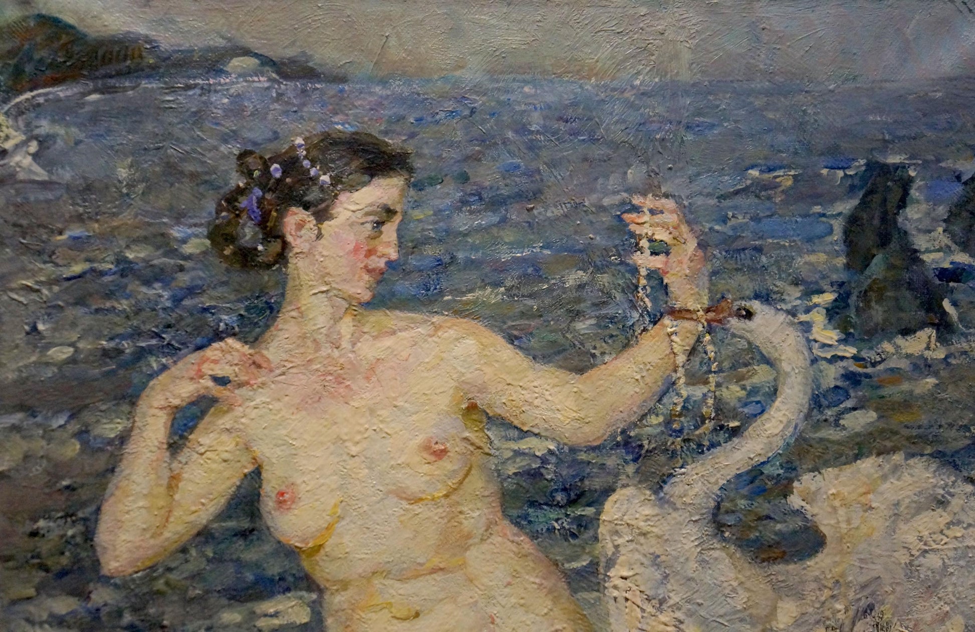 Nude girl with purple floral headpiece and white swan oil painting by Tytarenko Odarka Anatoliivna