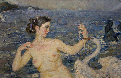Nude girl with purple floral headpiece and white swan oil painting by Tytarenko Odarka Anatoliivna