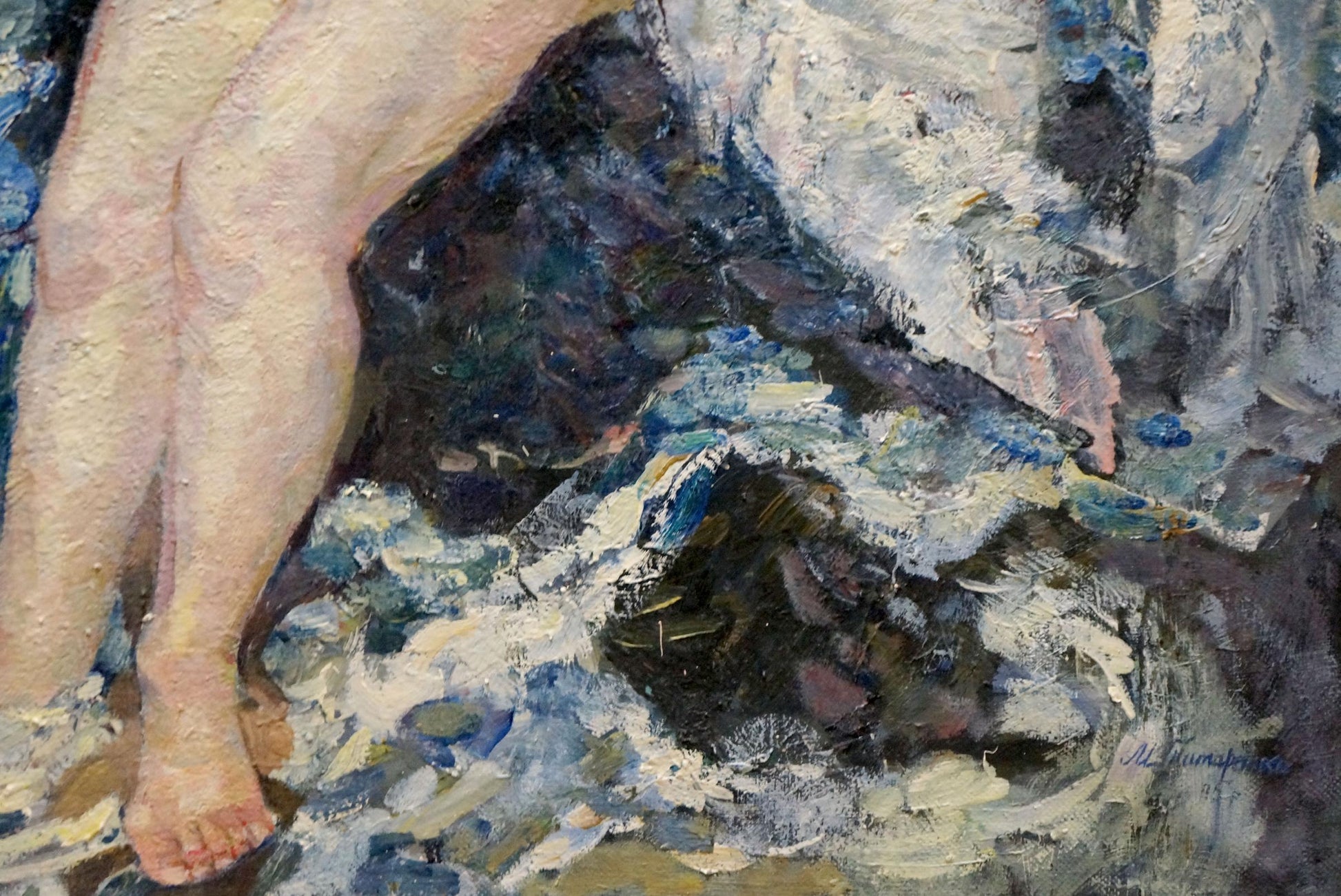Impressionistic oil painting of bare leg on blue rocks by Tytarenko Odarka Anatoliivna