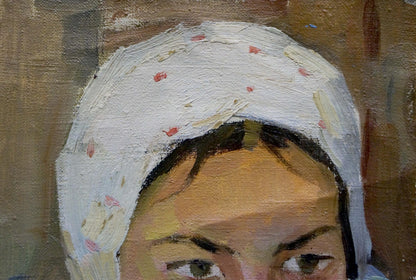 Oil painting portrait of girl in white floral headscarf by Glyuk Gavriil Martynovich