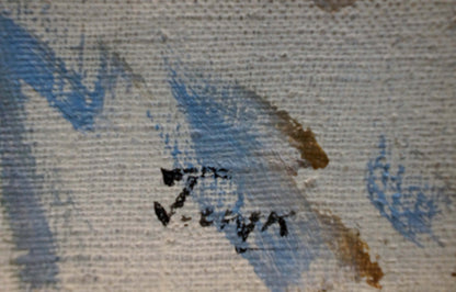 Back of oil painting Portrait of a girl by Glyuk Gavriil Martynovich with black ink signature on textured canvas and blue brown paint strokes
