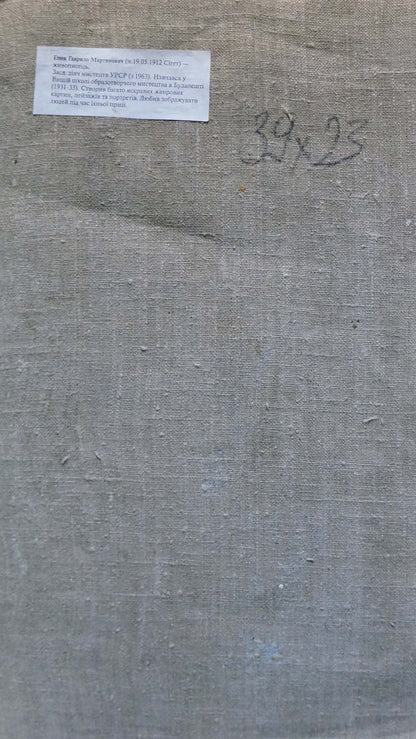 Back of oil painting Portrait of a girl by Glyuk Gavriil Martynovich on gray linen with pencil measurement note