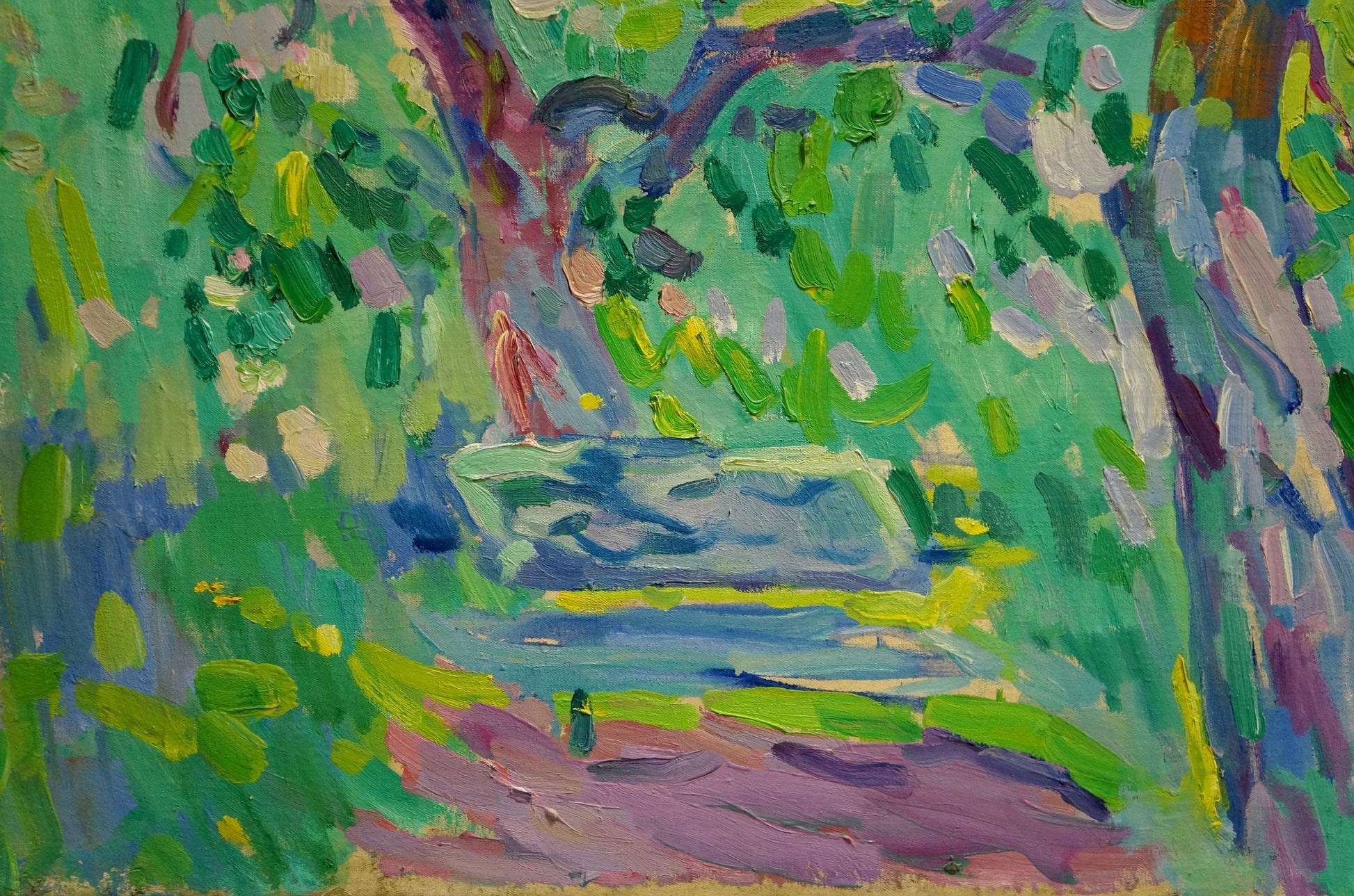 Vibrant impressionist oil painting by Matyushenko Victor Ivanovich: pink figure by blue bench under green trees