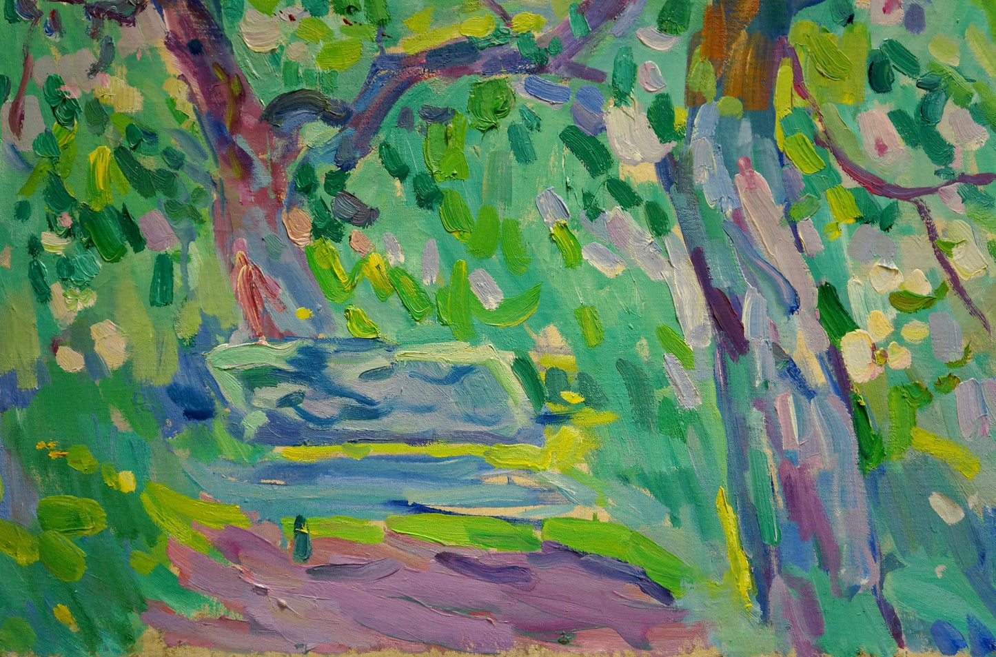 Vibrant impressionist oil painting by Matyushenko Victor Ivanovich of serene blue pond among lush green trees