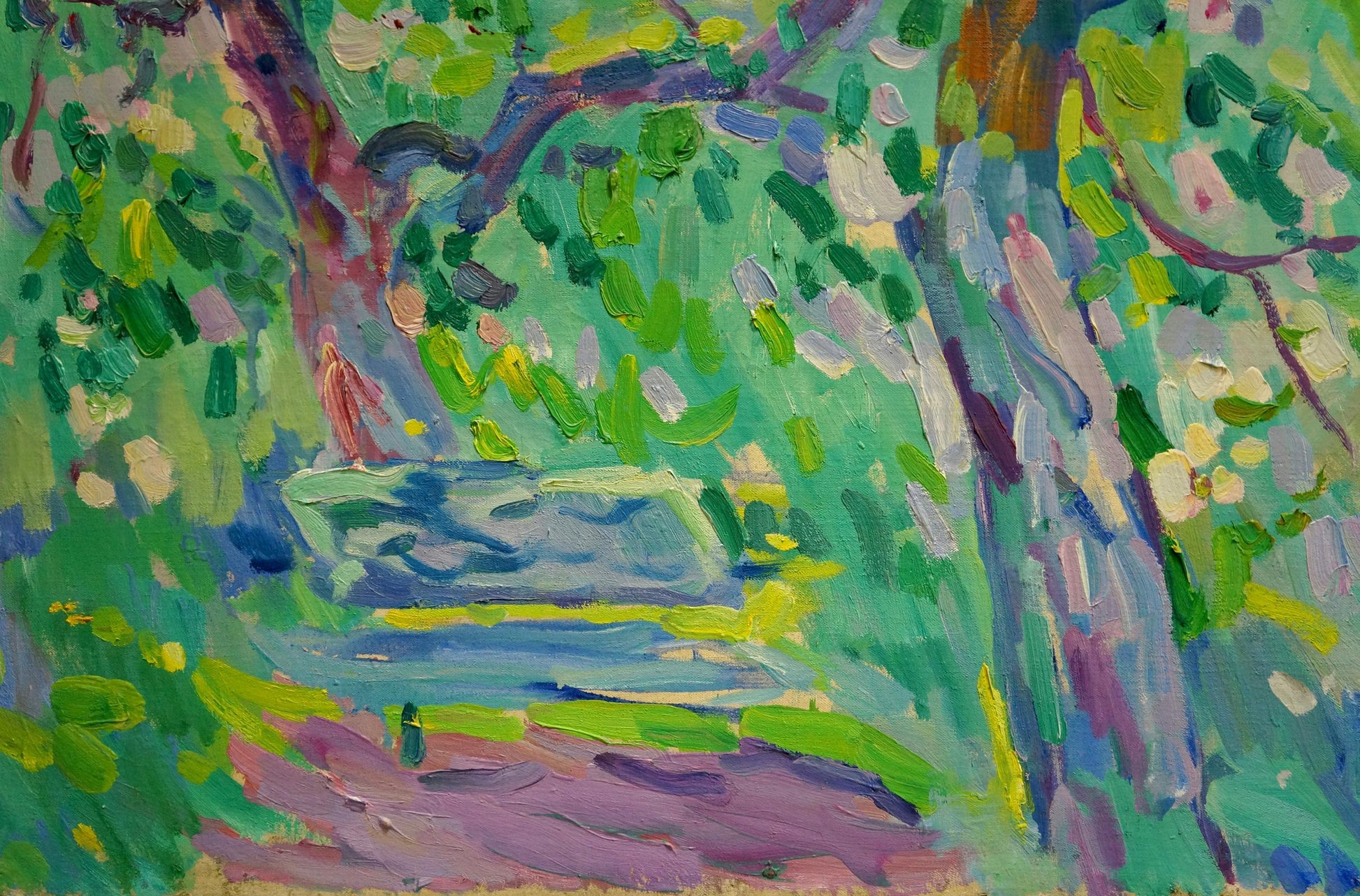 Vibrant impressionist oil painting by Matyushenko Victor Ivanovich of serene blue pond among lush green trees