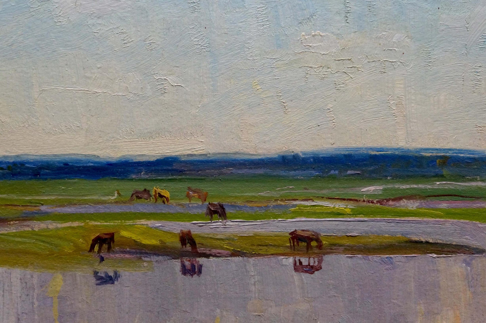 Oil painting Morning has come by Beregovaya Zoya Izrailevna, serene horses in fields