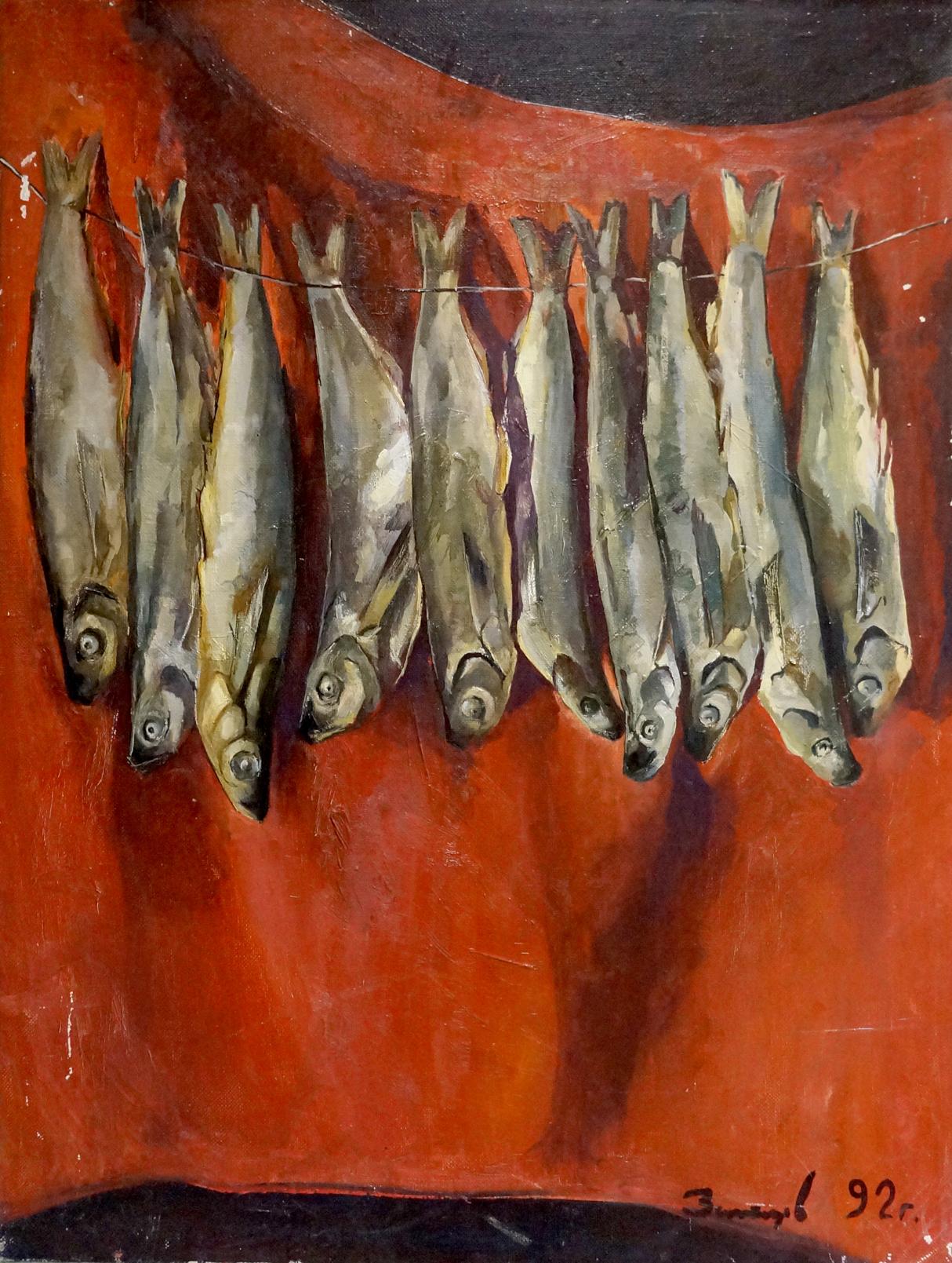 Oil painting by Zaitsev A. V. of silver-gray fish drying on orange background