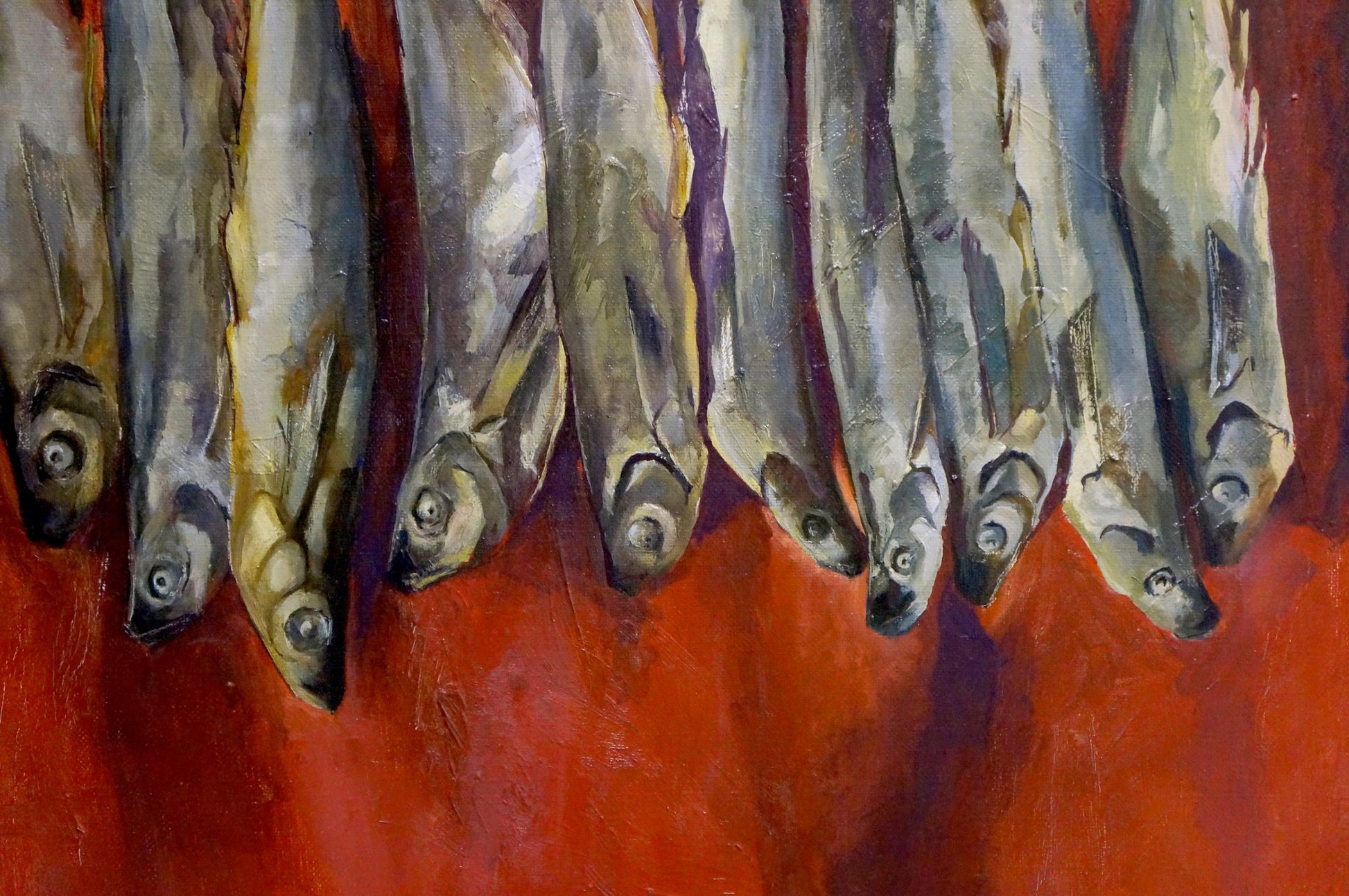 Oil painting Fish Zaitsev A. V. with silver-gray scaled fish on red background