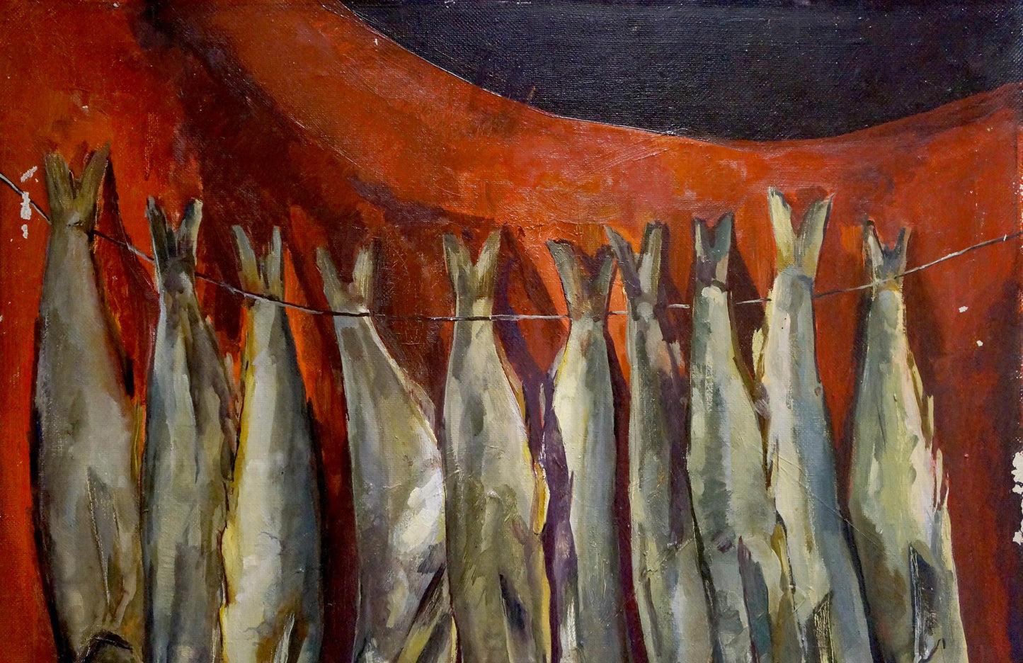 Oil painting by A. V. Zaitsev: silvery fish drying on vibrant red background