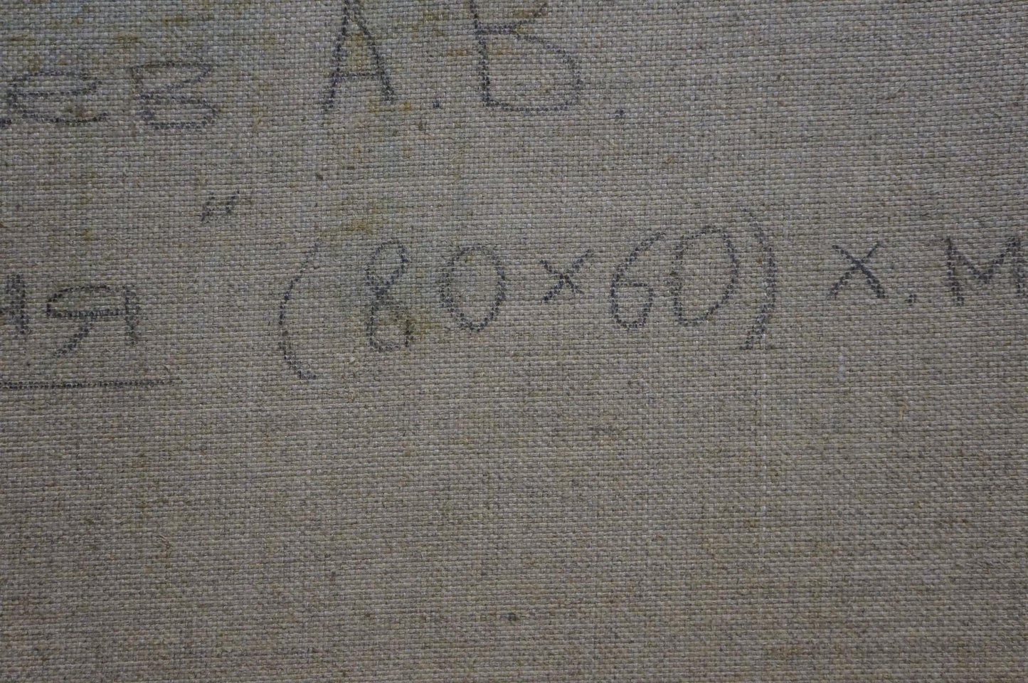 Back of Oil painting Fish Zaitsev A. V. gray textured fabric with faint handwritten markings