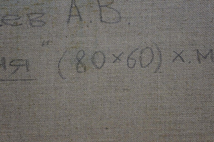 Back of Oil painting Fish Zaitsev A. V. gray textured fabric with faint handwritten markings