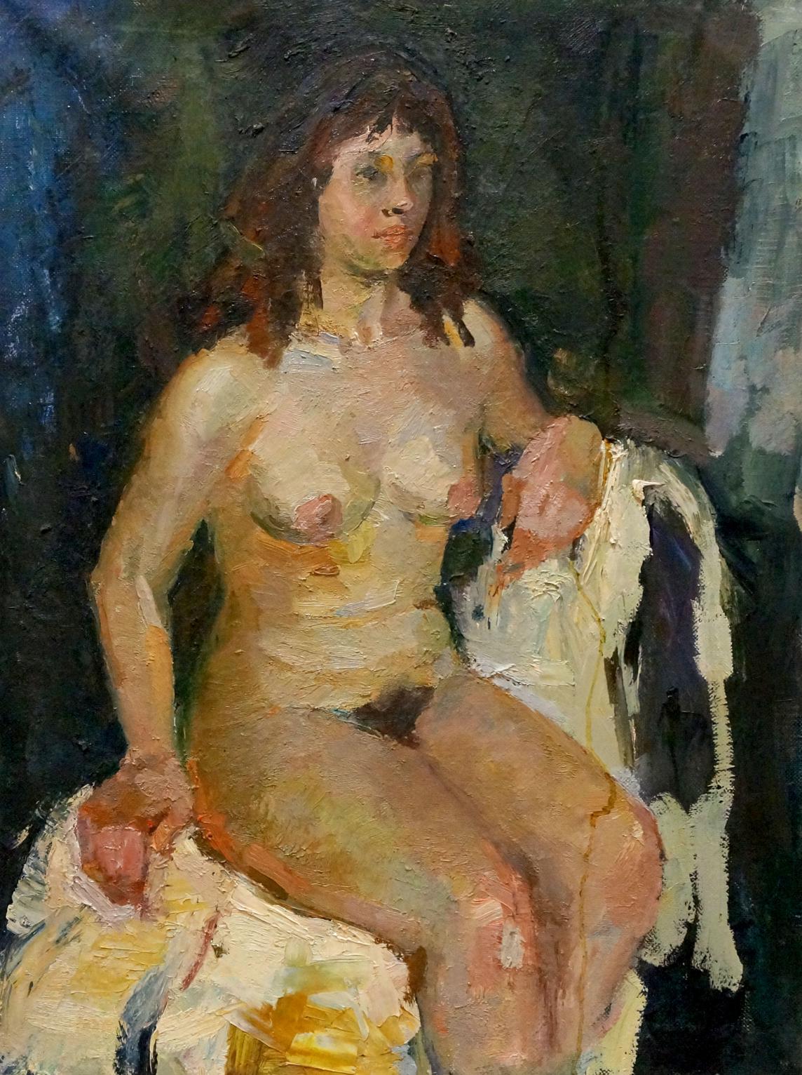 Oil painting of female figure behind chair by Maria Titarenko, back view