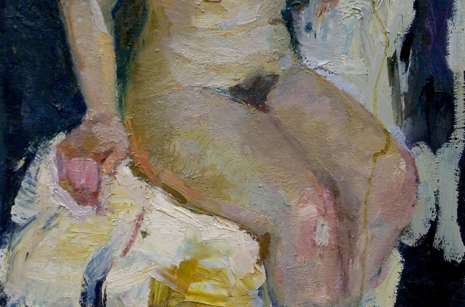 Impressionistic oil painting of female figure behind chair by Maria Titarenko