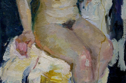Impressionistic oil painting of female figure behind chair by Maria Titarenko
