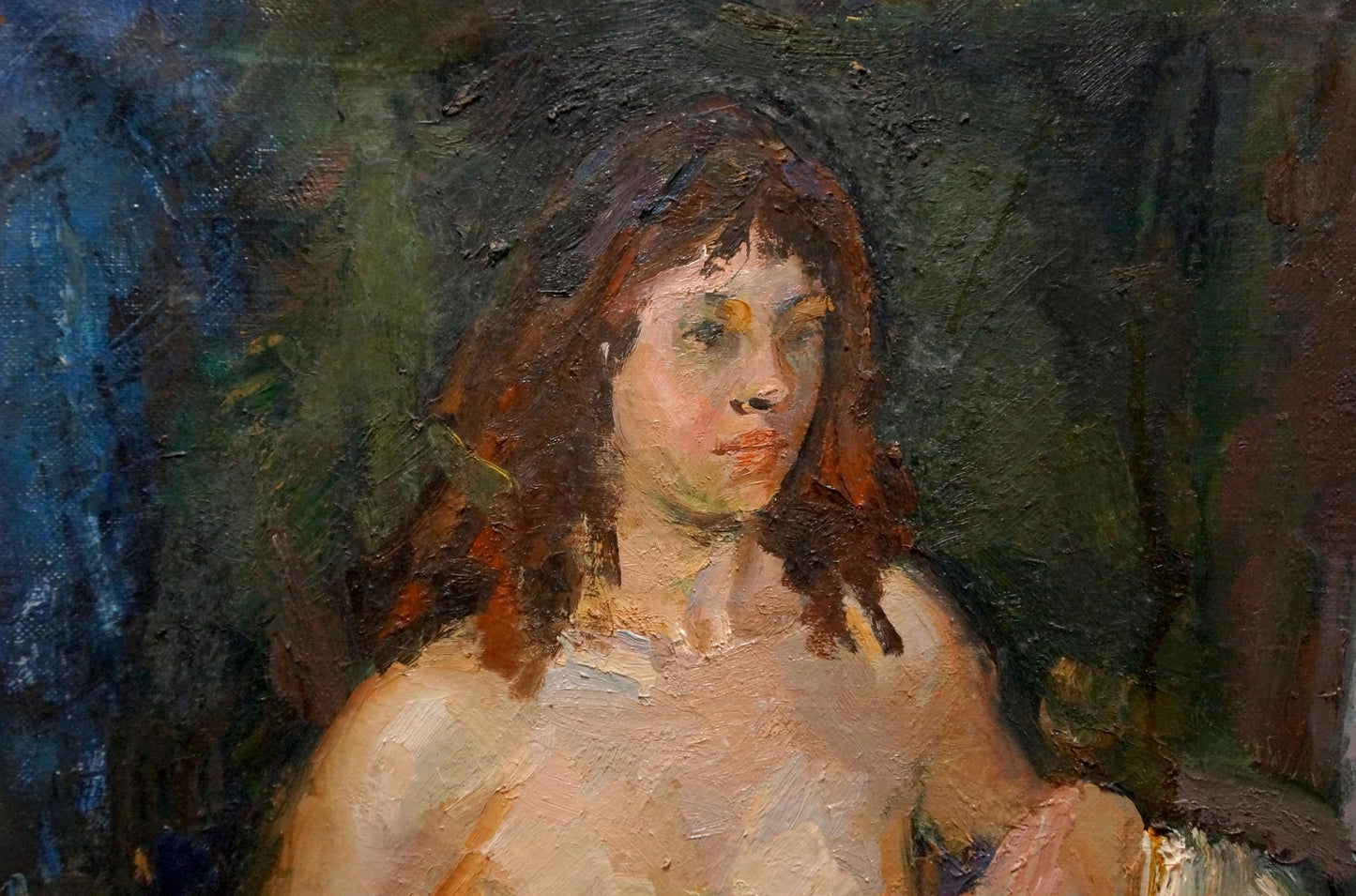 Textured oil painting of female figure behind chair by Maria Titarenko