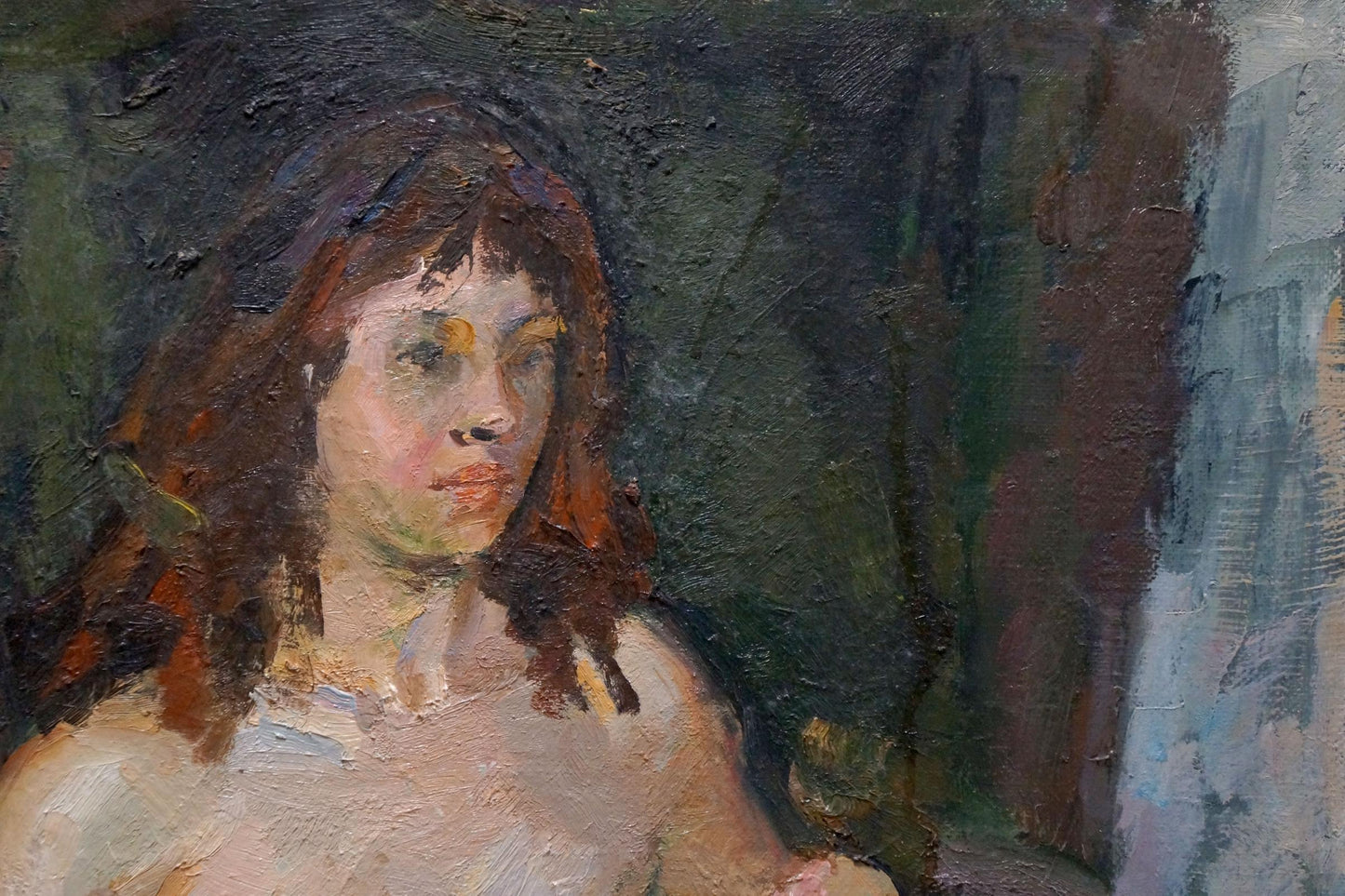 Textured oil painting of female figure behind chair by Maria Titarenko