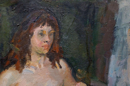 Textured oil painting of female figure behind chair by Maria Titarenko