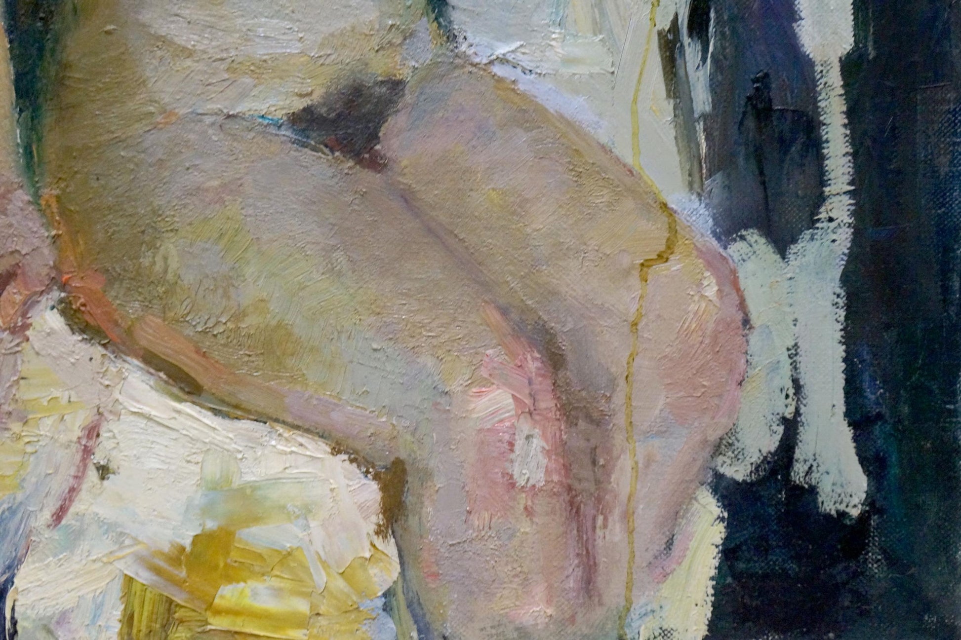 Textured impressionistic oil painting of female figure behind chair by Maria Titarenko