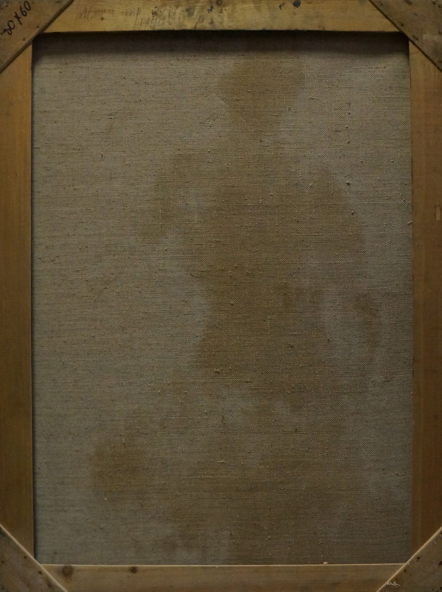 Weathered beige canvas back of Maria Titarenko oil painting in wooden frame