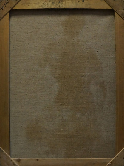Weathered beige canvas back of Maria Titarenko oil painting in wooden frame