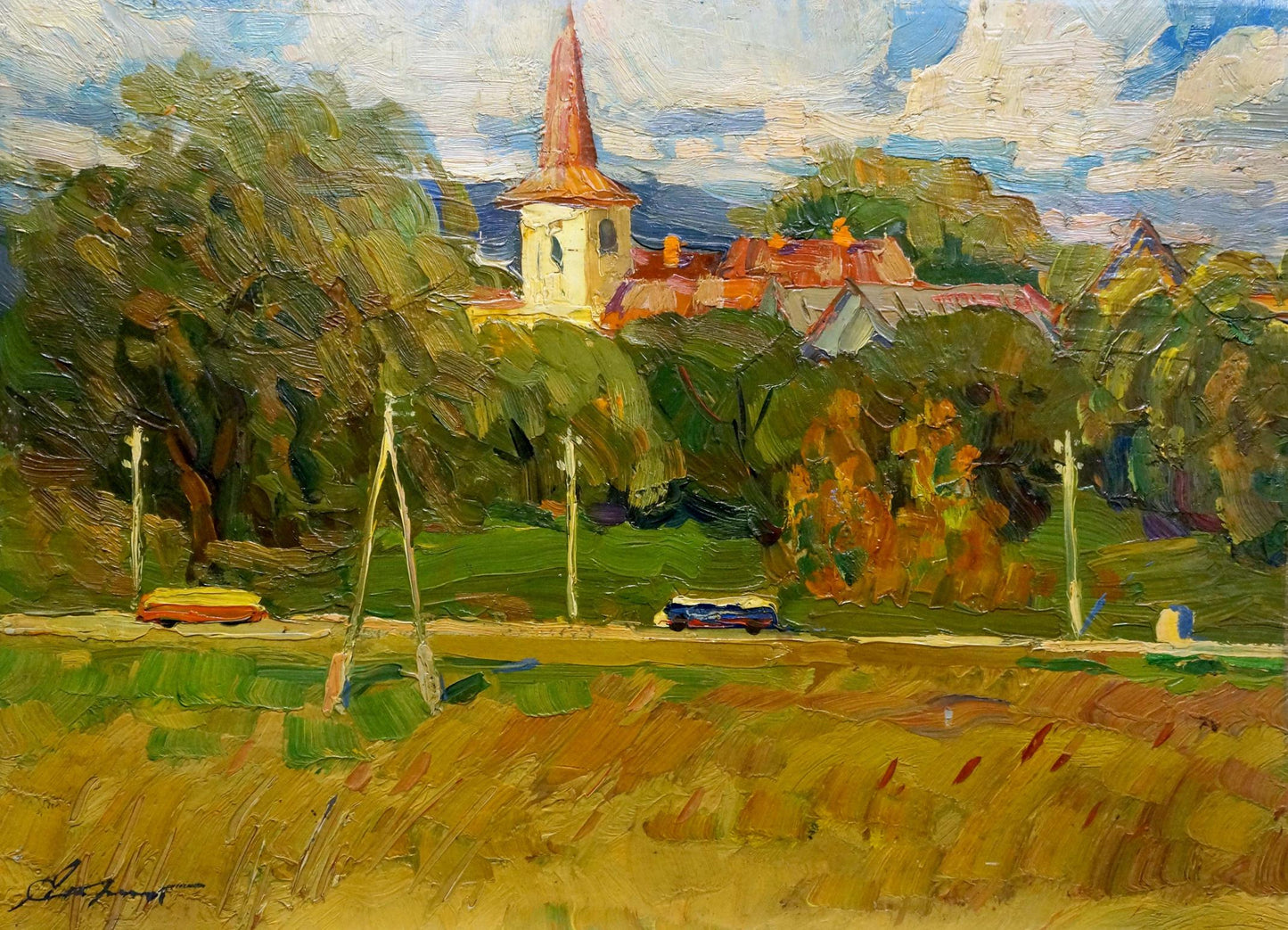 Vibrant impressionist village oil painting by Stremsky Alexander Ivanovich
