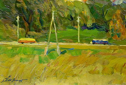 Vibrant impressionist oil painting by Stremsky Alexander Ivanovich with two cars on lush green road