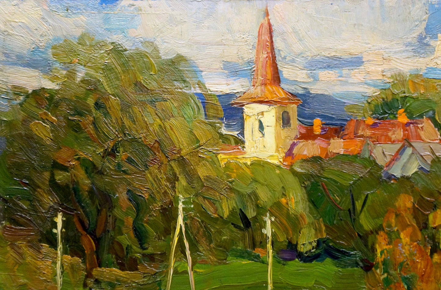 Vibrant impressionist oil painting by Stremsky Alexander Ivanovich: church with reddish-brown spire