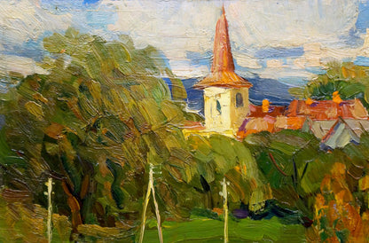 Vibrant impressionist oil painting by Stremsky Alexander Ivanovich: church with reddish-brown spire
