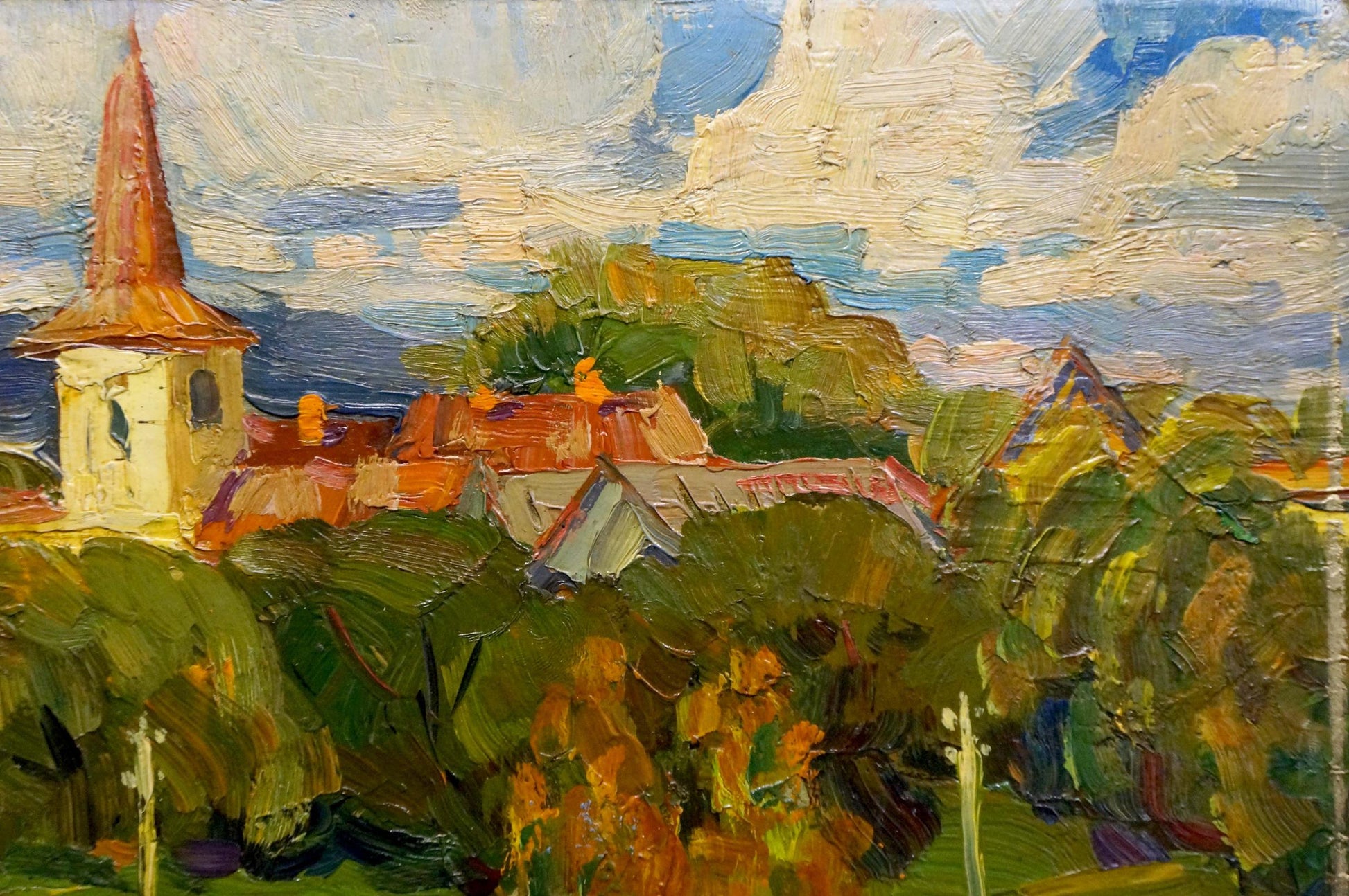 Impressionistic oil painting by Stremsky Alexander Ivanovich: village with white church tower