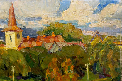 Impressionistic oil painting by Stremsky Alexander Ivanovich: village with white church tower