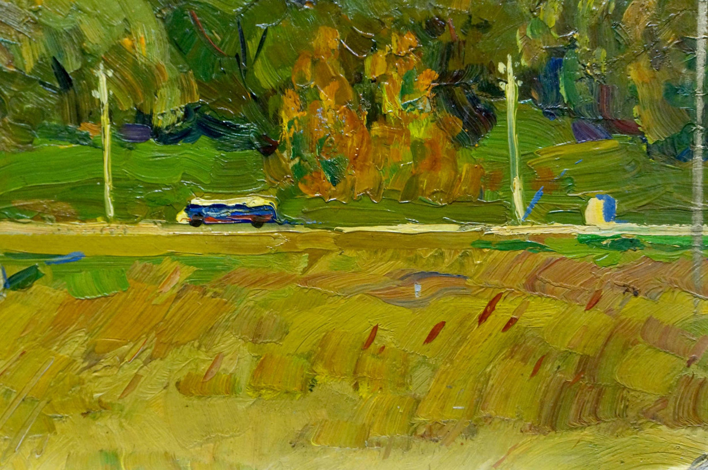 Vibrant impressionistic oil painting by Stremsky Alexander Ivanovich: rural landscape with green yellow brushstrokes and blue white vehicle on road