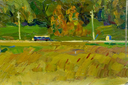 Vibrant impressionistic oil painting by Stremsky Alexander Ivanovich: rural landscape with green yellow brushstrokes and blue white vehicle on road