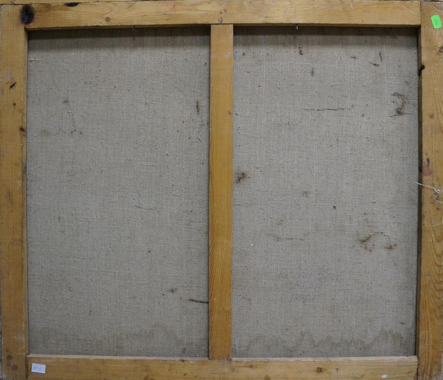 Back of Oil painting Winter is leaving Matvey Kogan-Shats in rustic wood frame with gray fabric panels
