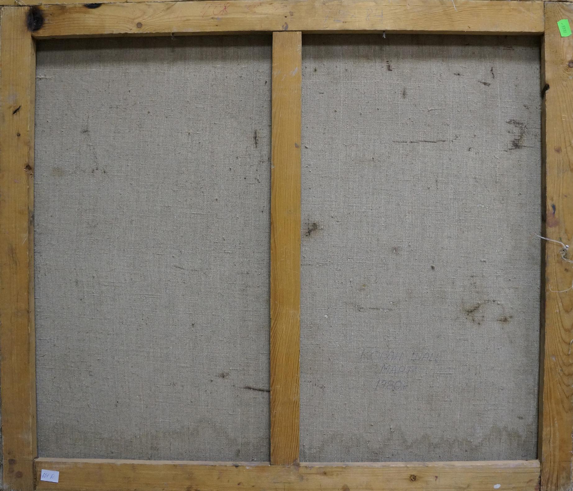 Back of Oil painting Winter is leaving Matvey Kogan-Shats in rustic wood frame with gray fabric panels