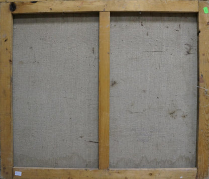 Back of Oil painting Winter is leaving Matvey Kogan-Shats in rustic wood frame with gray fabric panels