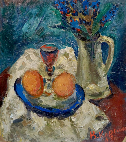 Oil painting Still life Karelin Vyacheslav: blue plate with oranges, wine, pitcher